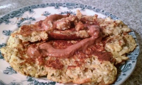 Primal pancakes made from eggs, banana, protein powder... almond butter on top <3